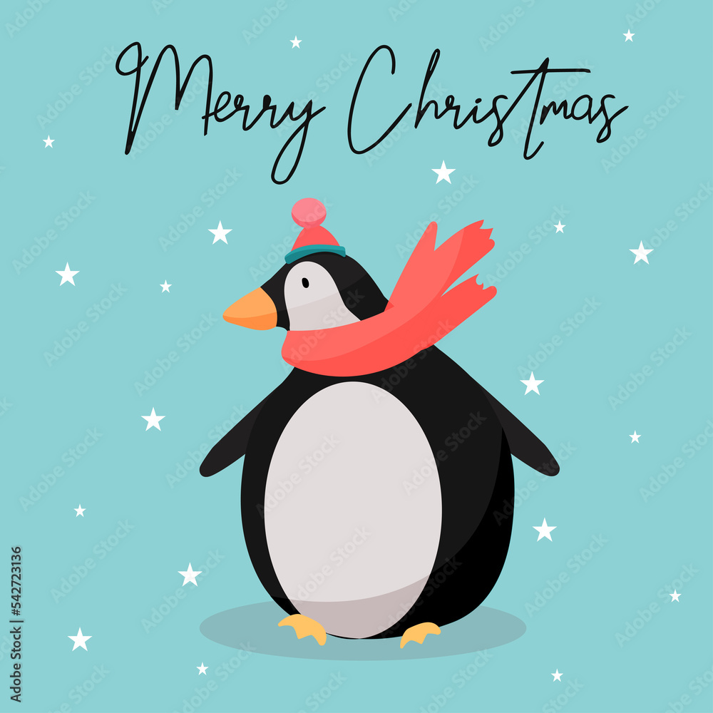 Naklejka premium Merry Christmas penguin greeting card. Winter holidays