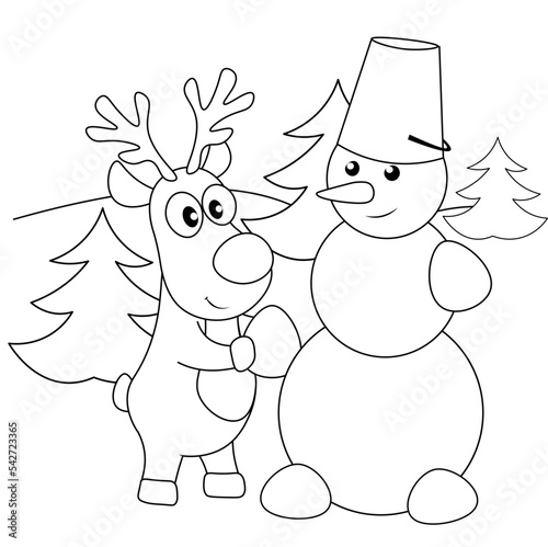 Vector coloring pages with cute deer sculpts a snowman in the winter forest. Cartoon contour illustration isolated on white background