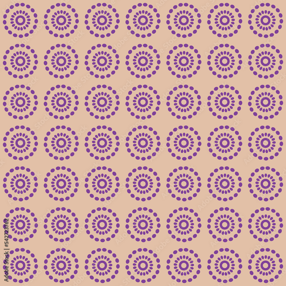 Seamless pattern design with circles formed by points in lilac color with a beige background