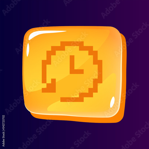Timer update glossy ui button with pixelated icon. Software. Editable 8bit graphic element on shiny square shape. Isolated vector user interface image for web, mobile. Retro style game design