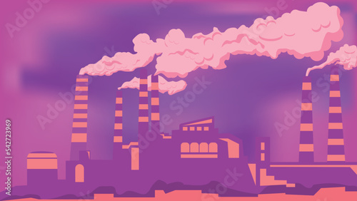 Vector illustration of  industrial silhouette landscape with factory buildings and pollution in flat design purple style