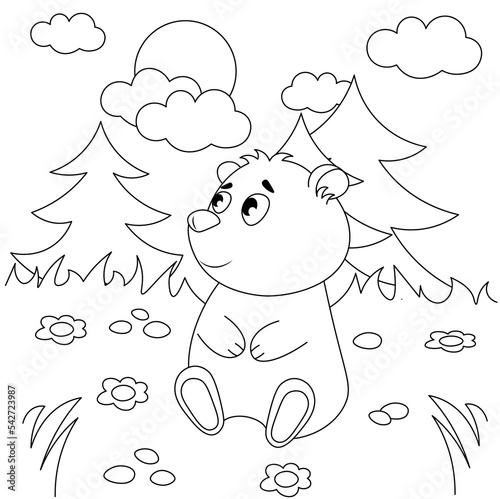 Vector coloring pages with cute bear sits on a clearing in the forest. Cartoon contour illustration isolated on white background