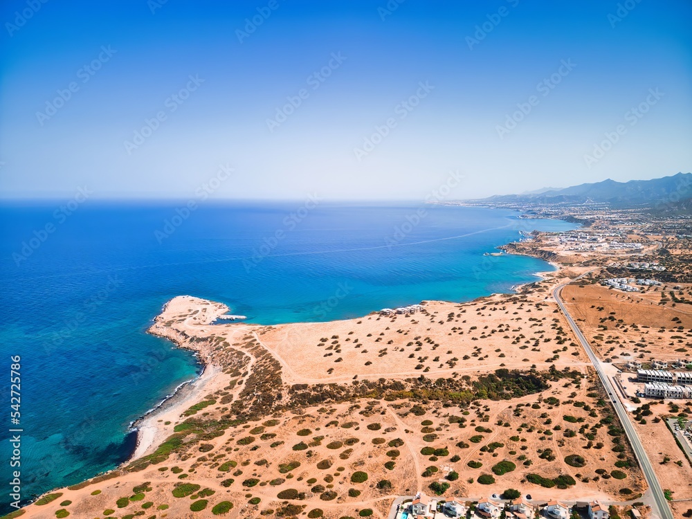 Aerial coastline and sea view with empty lands in North Cyprus