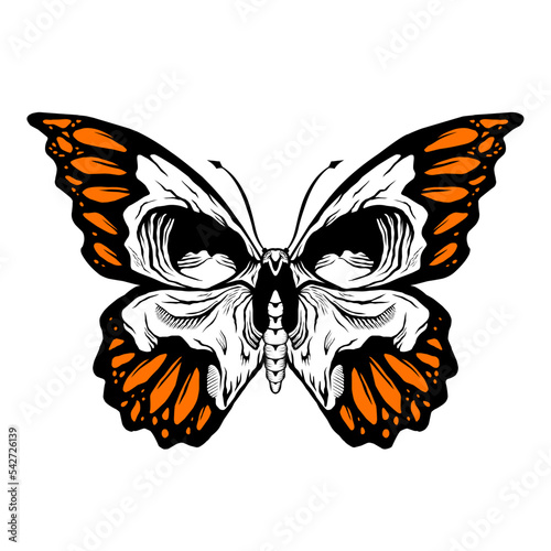vector illustration of a butterfly with a skull motif on the wings, black and orange colors. suitable for logos, tattoos, stickers, etc.
