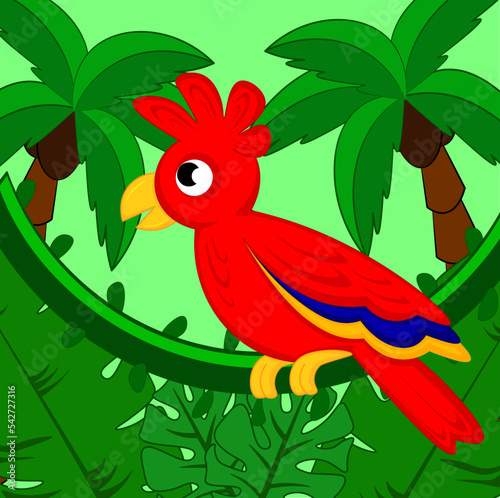 A cute red parrot sits on a liana in a tropical forest