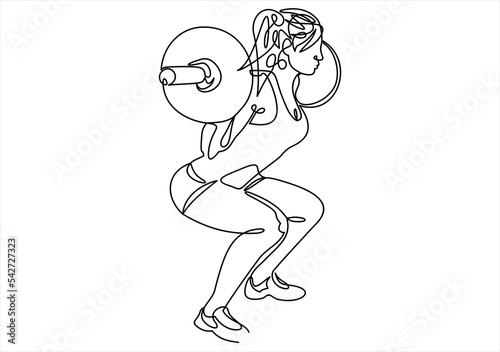 Woman lifting weights continuous one line drawing.  Squats with barbell linear design element