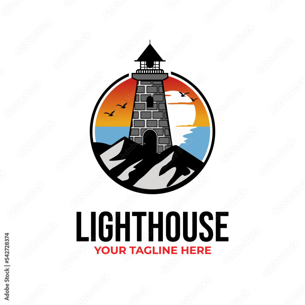 lighthouse building on the sea vector template. light beacon tower graphic illustration.