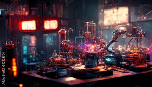 Mad scientist laboratory, machinarium interior with intricate machinery photo