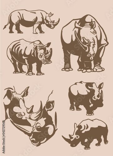 Vector set of rhinoceroses . Stylish vintage print elements  savanna habitant on sepia background