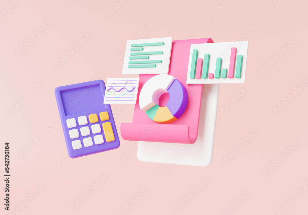 Business financial chart graph with calculator. Financial development, Financial analysis, statistics, Financial reports statement, budget management. Accounting concept. 3d icon render illustration Business financial chart graph with calculator. Financial development, Financial analysis, statistics, Financial reports statement, budget management. Accounting concept. 3d icon render illustration