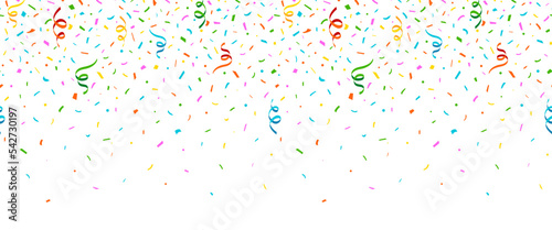 Confetti background, border,  colorful falling ribbon and small pieces of colored paper seamless pattern