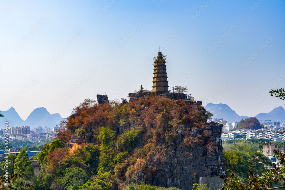Ancient pagoda on top of the mountain in Chuanshan Scenic Area, Guilin, Guangxi, China