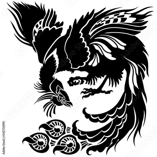 Chinese phoenix or Feng Huang magical bird. One of the celestial feng shui animals. Black silhouette. Isolated vector illustration