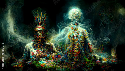 fantastic hallucinating ancient shaman surrounded with fumes and smoke, neural network generated art. Digitally generated image. Not based on any actual scene or pattern.