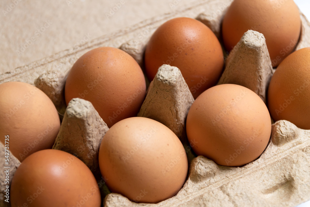 Overhead view of brown chicken eggs in open egg carton. Overhead view of brown chicken eggs in open egg carton.
