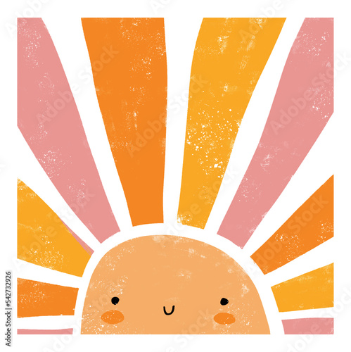 Simple Scandinavian Style Vector Illustration with Happy Sun. Lovely Nursery Art with Colorful Smiling Kawaii Style Sun Isolated on a White Background. Funny Infantile Style Print.