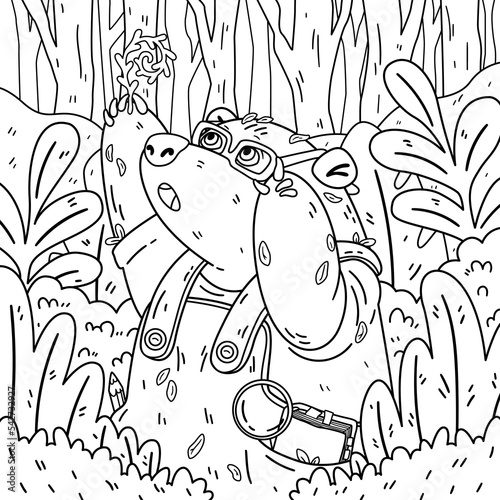 Cute bear botanist in glasses, explores new plants. Gardening grizzly. Animal in the forest. Vector coloring page children illustration. (ID: 542732927)