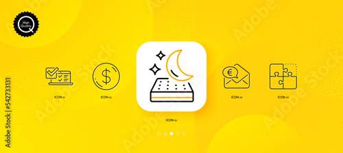 Dollar money, Online survey and Mattress minimal line icons. Yellow abstract background. Puzzle, Euro money icons. For web, application, printing. Currency, Quiz test, Night bed. Vector