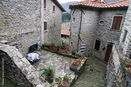 Glimpse of the ancient medieval village of Raggiolo, Tuscany, Italy