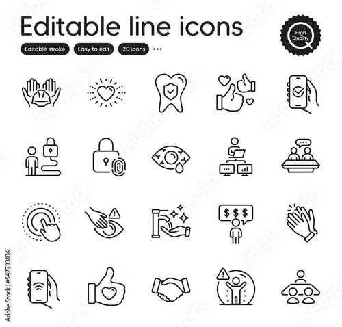 Set of People outline icons. Contains icons as Click hand, Like hand and Employees talk elements. Social distance, Employee benefits, Builders union web signs. Clapping hands, Dont touch. Vector