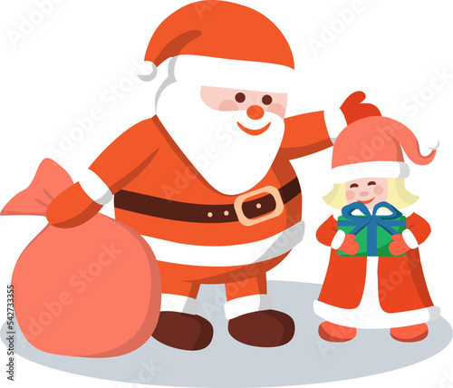 Cute Santa Claus is holding a red sack and gave a gift to a little happy girl. Cartoon illustration.
