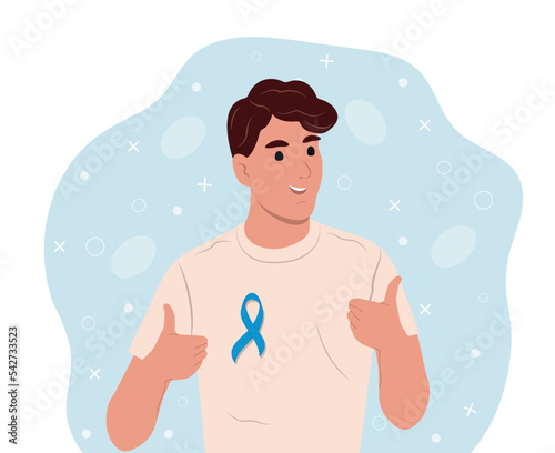Prostate cancer awareness ribbon with. A man and a symbol of mens health. Flat vector illustration