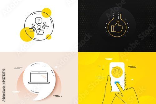 Minimal set of Like hand, Teamwork question and Laptop line icons. Phone screen, Quote banners. Global engineering icons. For web development. Thumbs up, Remote work, Computer. Vector