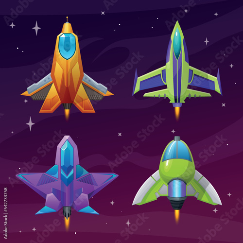 Set of vector cartoon space ships and rockets for arcade games, computer games, shooter games, futuristic alien spaceships for play supplies, ships of the future, jet powered ships  photo