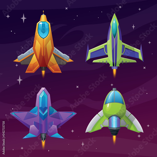 Set of vector cartoon space ships and rockets for arcade games, computer games, shooter games, futuristic alien spaceships for play supplies, ships of the future, jet powered ships 