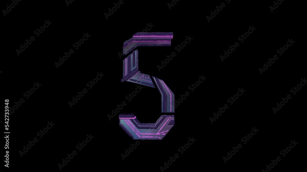 Animated futuristic 3D numbers. Sci fi style. Alpha. 5