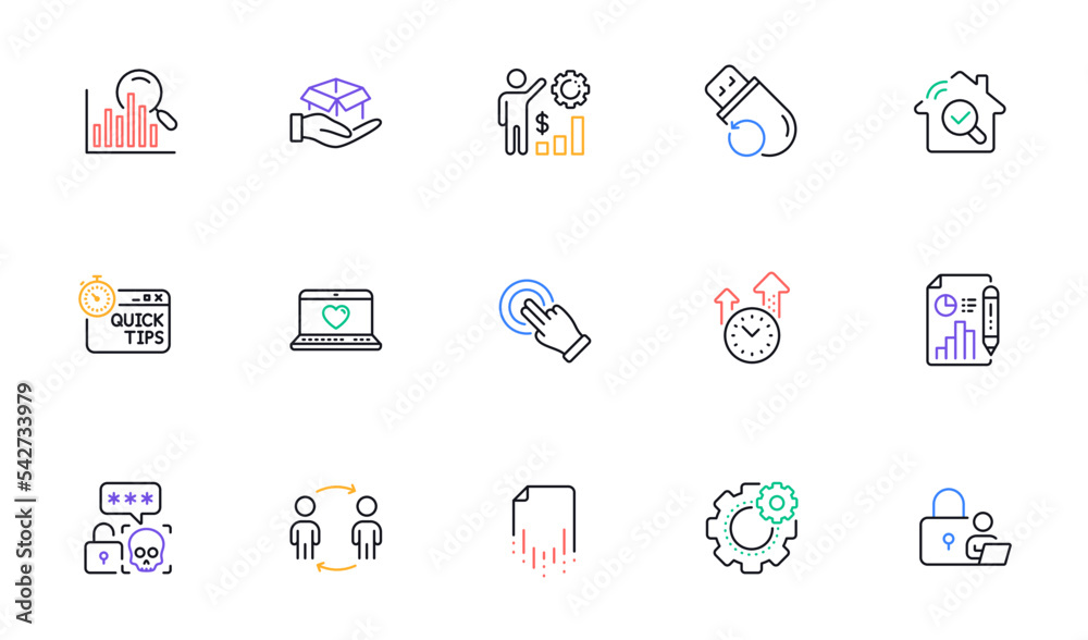 Quick tips, Recovery file and Touchscreen gesture line icons for website, printing. Collection of Cogwheel, Inspect, Web love icons. Employees wealth, Workflow, Hold box web elements. Vector Quick tips, Recovery file and Touchscreen gesture line icons for website, printing. Collection of Cogwheel, Inspect, Web love icons. Employees wealth, Workflow, Hold box web elements. Vector