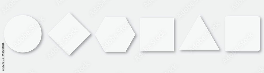 Abstract white and grey geometric circle, square, rectangle etc on white background with shadow. Vector illustration. 