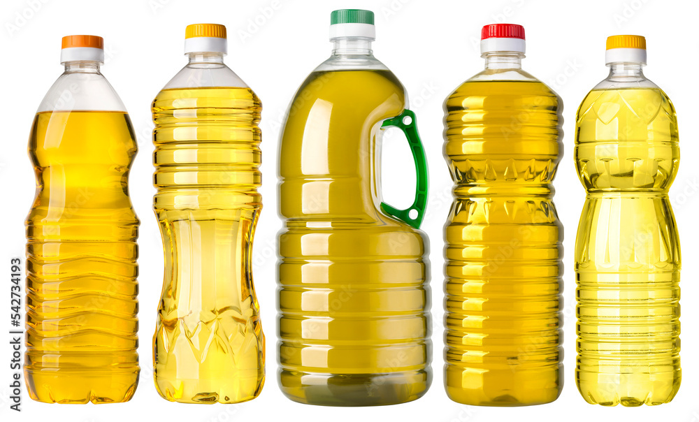 Set of plastic oil bottles isolated - obrazy, fototapety, plakaty 