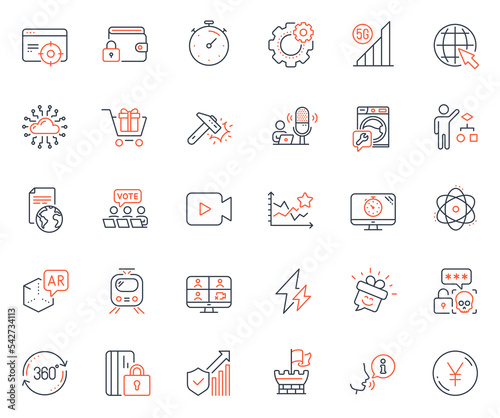 Technology icons set. Included icon as Hammer blow, Timer and Shopping cart web elements. Washing machine, Train, Yen money icons. Seo targeting, Shield, Cogwheel web signs. Video camera. Vector