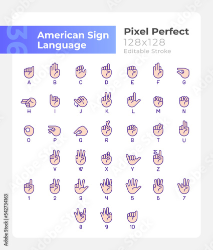 American sign language pixel perfect RGB color icons set. Communication. Isolated vector illustrations. Simple filled line drawings collection. Editable stroke. Montserrat Bold, Light fonts used