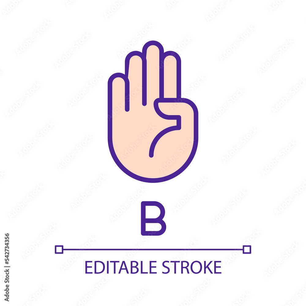 Letter B in American sign language pixel perfect RGB color icon. Visual communication system. Isolated vector illustration. Simple filled line drawing. Editable stroke. Arial font used Letter B in American sign language pixel perfect RGB color icon. Visual communication system. Isolated vector illustration. Simple filled line drawing. Editable stroke. Arial font used