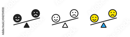 Happy and sad emoji on scales outline icon. Time is money. Concept of feedback. Balance of feelings. Happy, unhappy emotions symbol. Flat design.