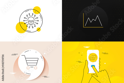 Minimal set of Diagram, Cyber attack and Card line icons. Phone screen, Quote banners. Market sale icons. For web development. Growth graph, Hacker skull, Bank payment. Customer buying. Vector