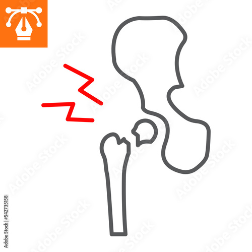 Hip fracture line icon, outline style icon for web site or mobile app, pelvis and pain ,bone fracture vector icon, simple vector illustration, vector graphics with editable strokes.