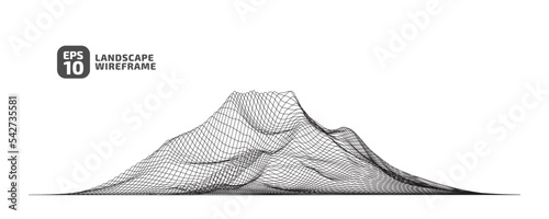 Abstract wireframe background. 3D grid technology illustration landscape. Digital Terrain Cyberspace in Mountains with valleys. Data Array. Parallel continuous lines. Black on White. Vector.