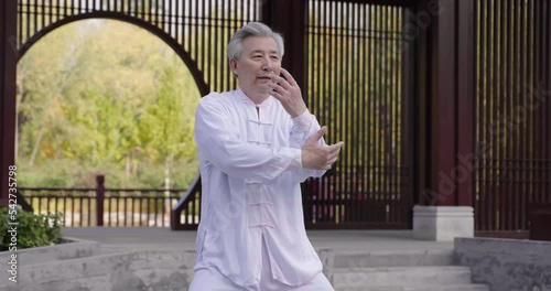 Cheerful senior Chinese man practicing Tai Chi in the park,4K