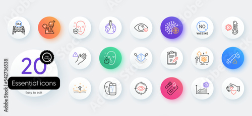 Simple set of Usa close borders, Vaccine report and Uv protection line icons. Include Coronavirus statistics, Stress grows, Dont touch icons. Eye target, Covid test. Vector