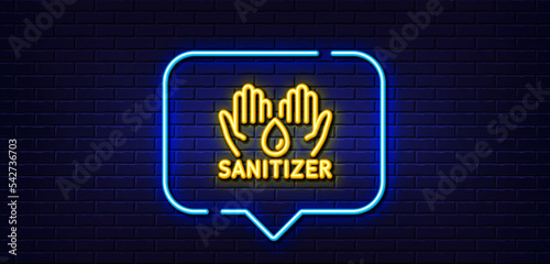 Neon light speech bubble. Hand sanitizer line icon. Sanitary cleaning sign. Washing hands symbol. Neon light background. Hand sanitizer glow line. Brick wall banner. Vector