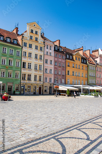 Historic tenement houses in Wroclaw's Old Town on a sunny day. Summer.