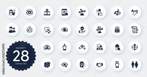 Set of People icons, such as Insurance hand, Group people and Social care flat icons. Restroom, Security agency, Smile chat web elements. Swipe up, Cleaning, Handshake signs. Circle buttons. Vector