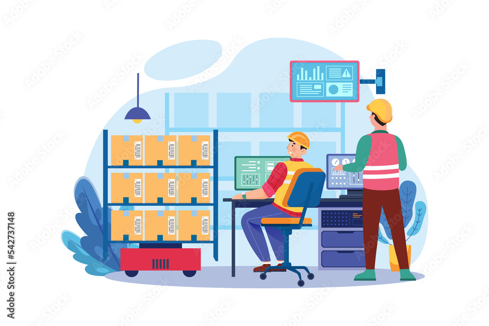 Automated Warehouse Management Illustration concept on white background Automated Warehouse Management Illustration concept on white background