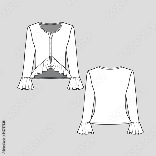 Henley Neck Ruffles High low hem Top Button panel Ruffle frill detail long Sleeve ruffle dip hem fashion flat sketch technical drawing template design vector