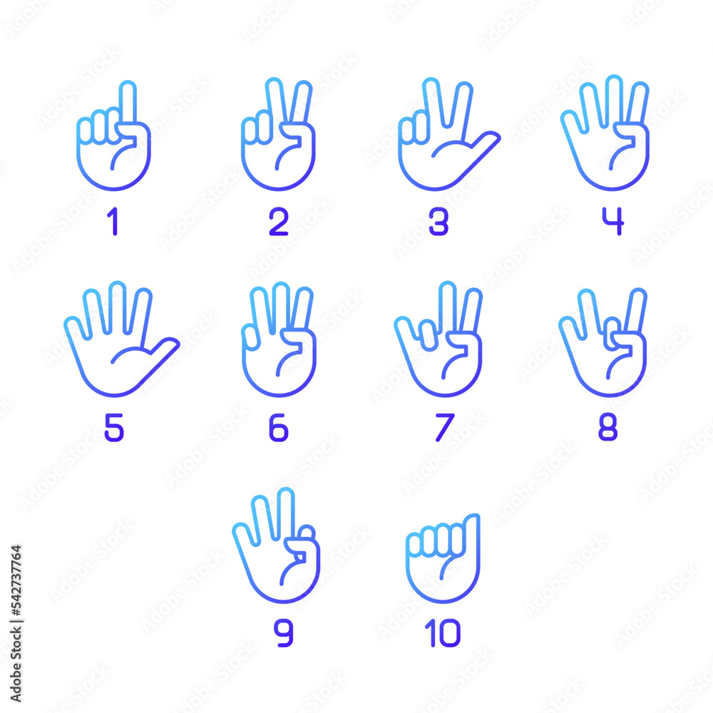 Digits in American sign language pixel perfect gradient linear vector icons set. Numbers visualization. Thin line contour symbol designs bundle. Isolated outline illustrations collection