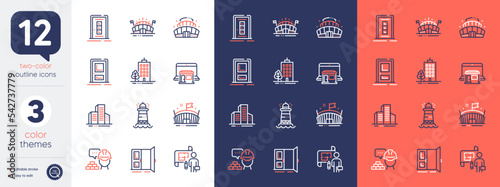 Set of Skyscraper buildings, Door and Lighthouse line icons. Include Open door, Arena, Plan icons. Sports arena, Marketplace, Build web elements. Entrance, Buildings. For web, application. Vector