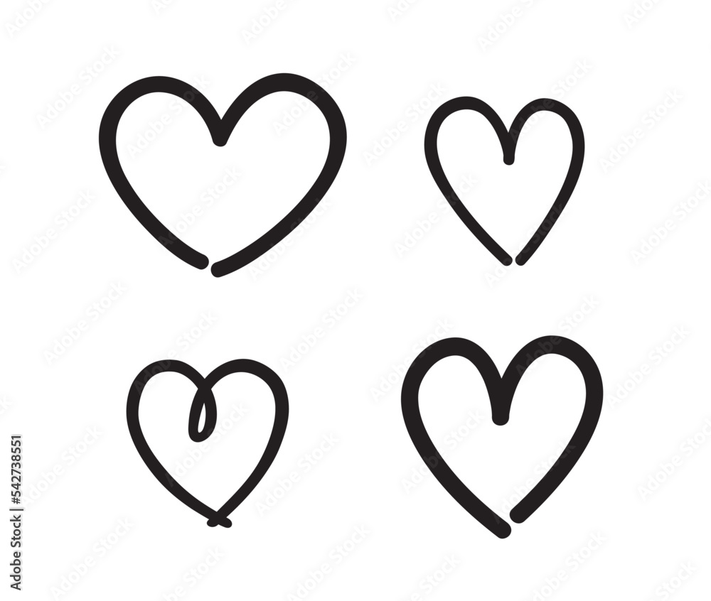 Hand drawn grunge hearts on isolated white background. Set of love signs. Unique image for design. Black and white illustration. Elements for design